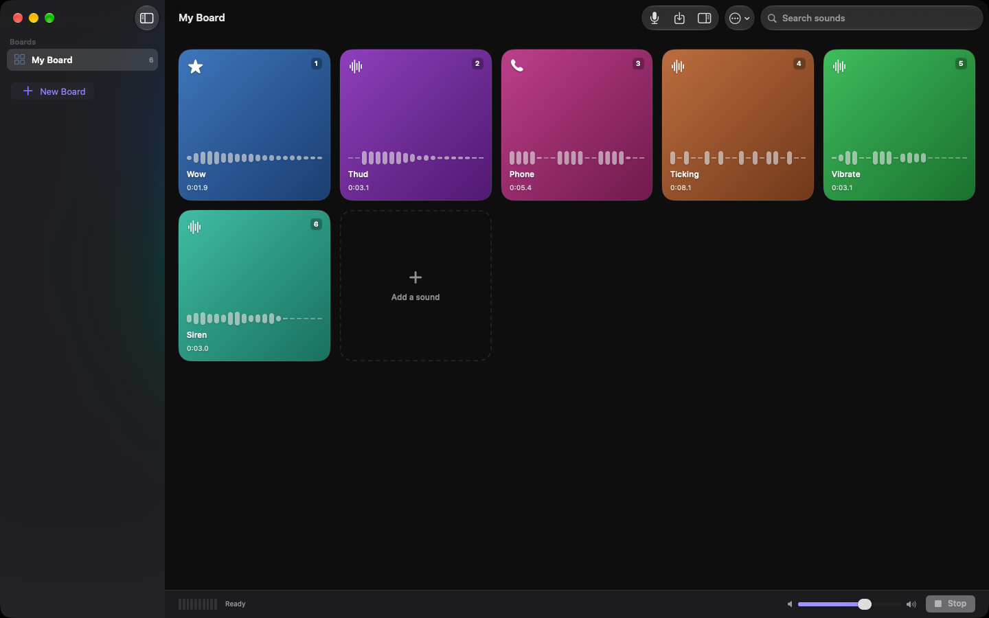 Blurt on a Mac, showing a board of coloured pads with waveforms and an inspector on the right.