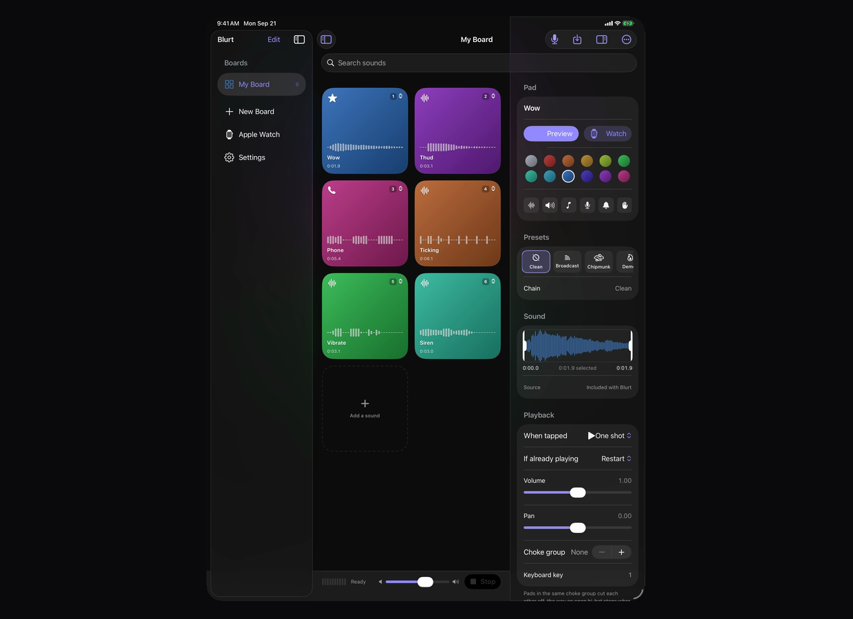 Blurt Board on iPad: a board of pads on the left, a pad's settings and waveform in a panel on the right.
