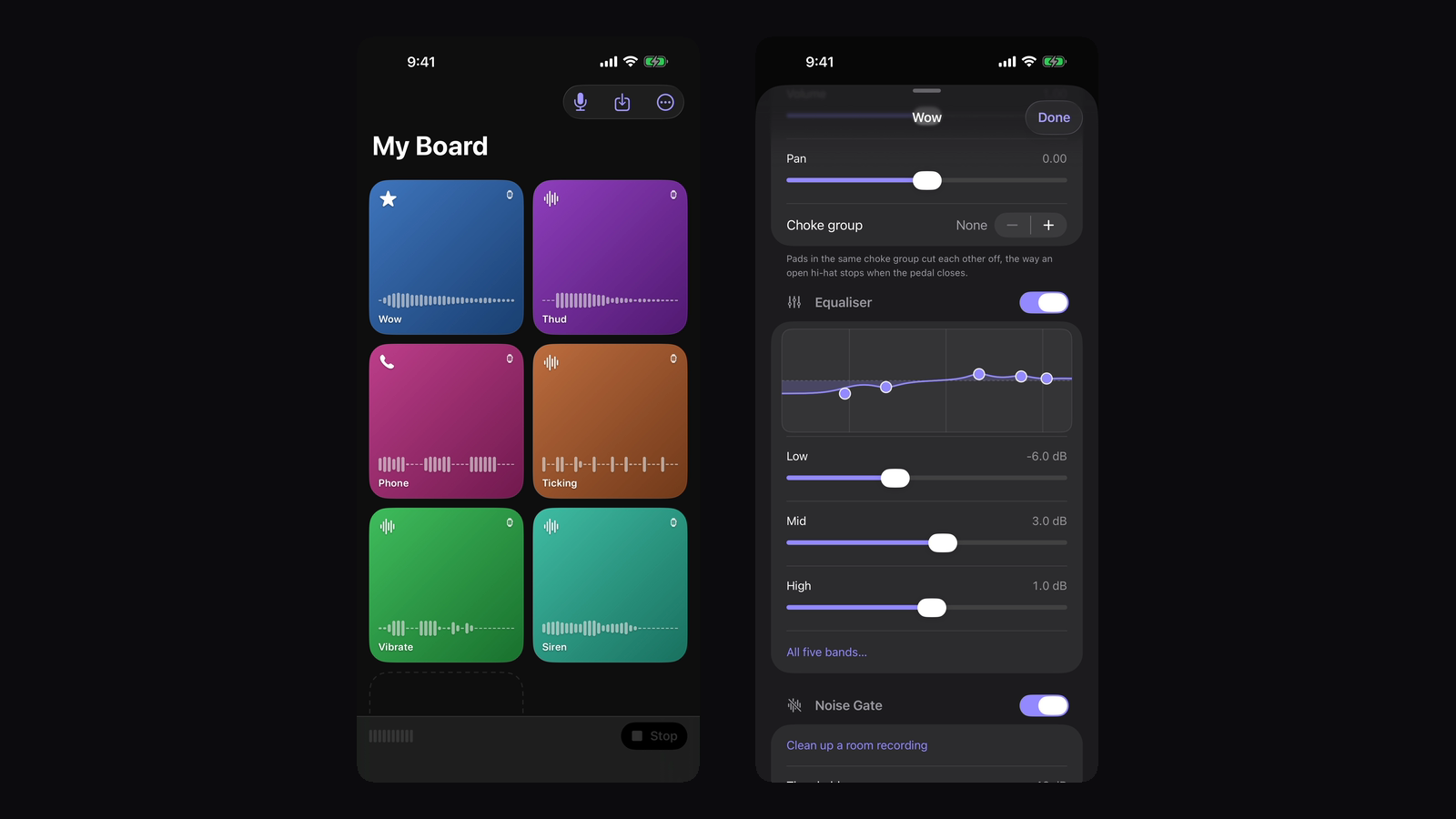 Blurt Board on iPhone: a board of six coloured sound pads, and a pad's effects panel with an equaliser curve and sliders.