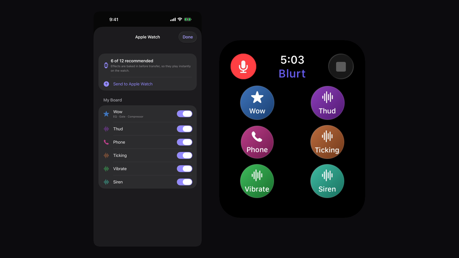 Blurt Board on iPhone choosing which sounds to send to Apple Watch, next to the watch showing six round pads.